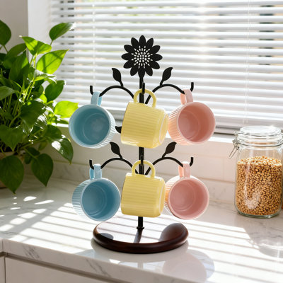 Sunflower Coffee Mug Tree, Black Metal Cup Holder with Wood Base (Black)