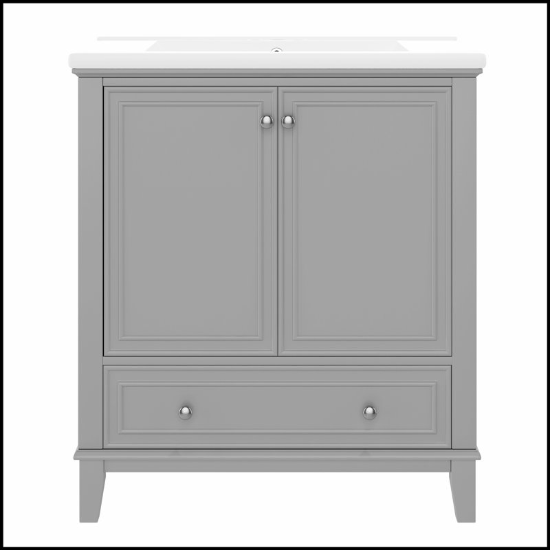 Meuble-lavabo gris 30 po avec lavabo, armoire de rangement multifonctionnelle et tiroir, cadre solide et panneau de fibres à densité moyenne