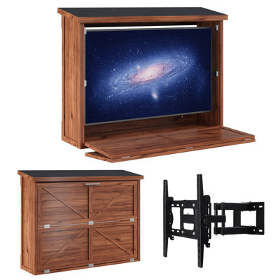 Outdoor TV Enclosure 55 Inch Wood Weatherproof TV Box with Adjustable Wall TV Mount, Vertical Door Design, Protective Cabinet for Patio & Deck, Space-Saving Easy Access Walnut