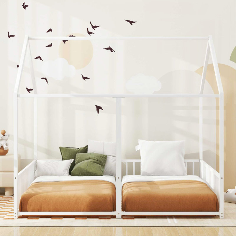 Metal Twin Size House Platform Beds, Two Shared Beds, White