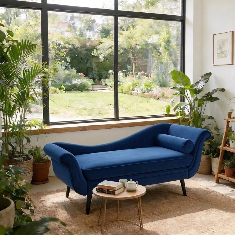 Chaise longue rembourrée avec coussin Enmond, Velours bleu, Noir