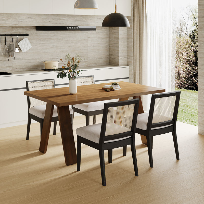 Dining Set Mid-Century Modern Wooden Table & Upholstered Chair Set For Home, Kitchen, Dining Room, 5 Pieces: Table, 4 Chairs