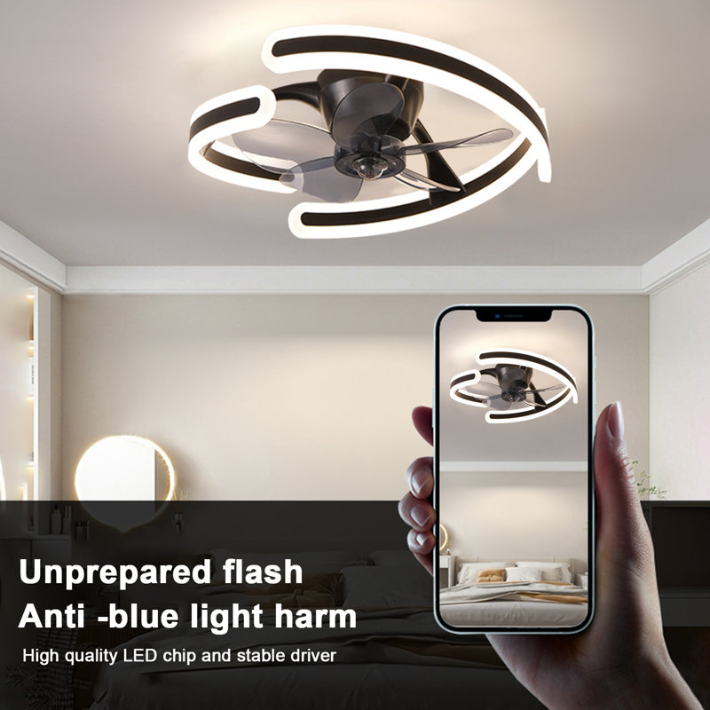 Ceiling Fan with Light, Ceiling Fan with Remote Control, Modern Flush Mount Ceiling Fan, Geometric Shape Fan Light for Bedroom, Living Room, Small LED Ceiling Light Fixture