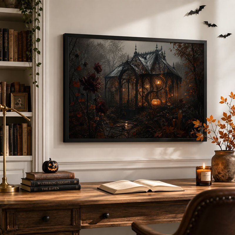 Art sur toile avec serre ornée en verre et citrouilles incandescentes, H 16 po x l 24 po