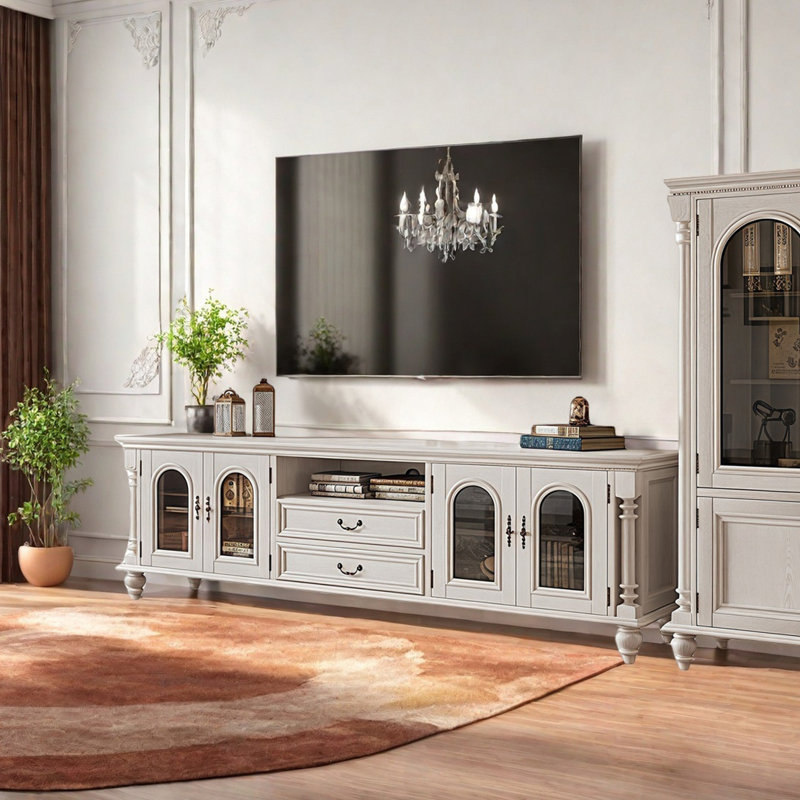 Meuble télé en bois massif de luxe clair, Blanc, H 26 po x L 86,6 po x l 17,7 po