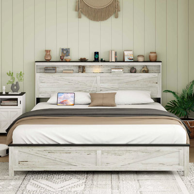 King Size Bed With Wooden Headboard And Hidden Storage Space, No Need For Box Springs