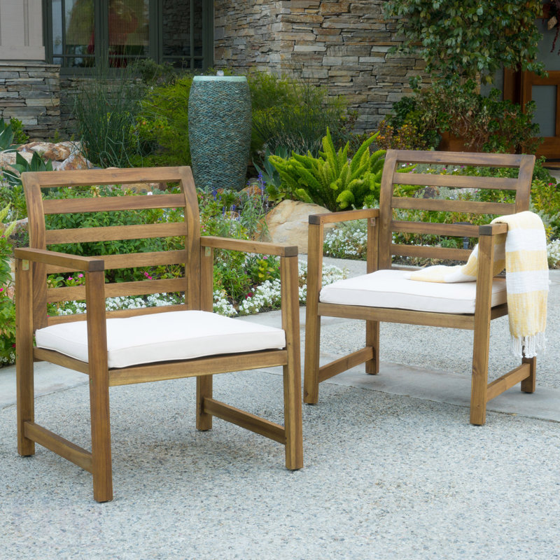 Outdoor Acacia Wood Club Chairs, 2-Pcs Set, Natural Stained / White, Durable And Water-Resistant For Patio And Garden