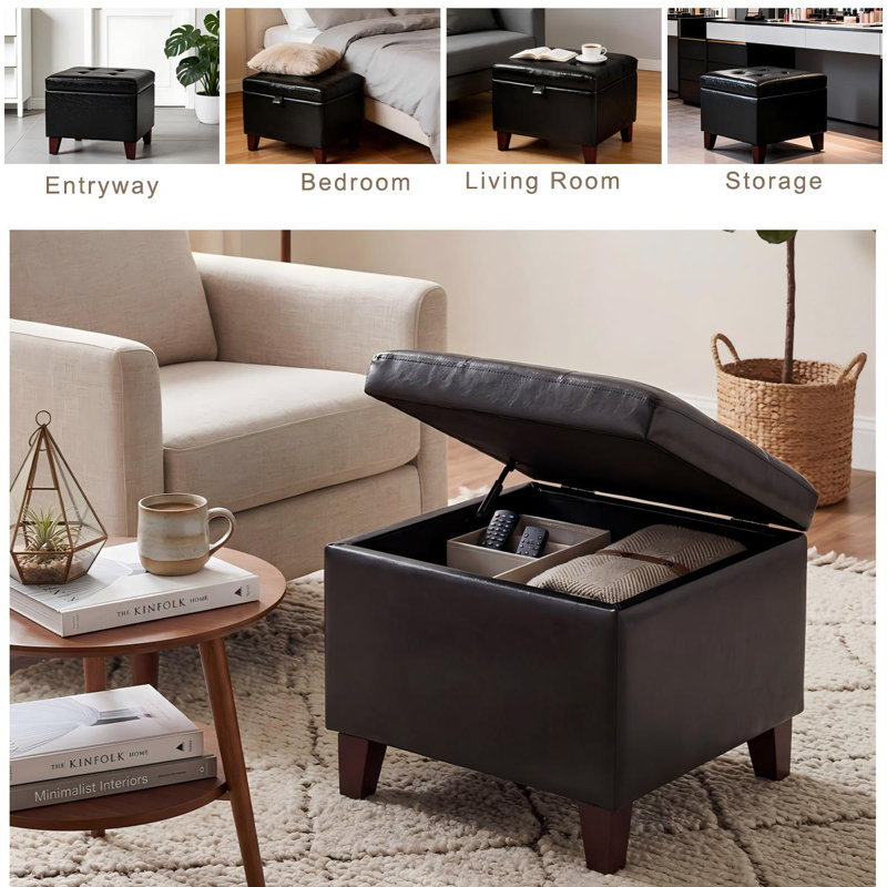 Orella Upholstered Ottoman, Black Faux Leather