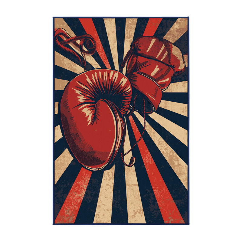Machine Washable Aguilar Boxing Gloves Classic Striped Rug in Gray – Navy Binding, 8x10