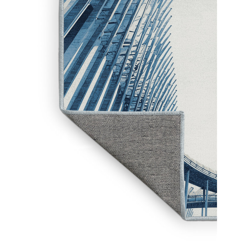 Machine Washable Paublo Singapore Supertree Grove Sleek & Chic Modern Arc Rug in Green – SkyBlue Binding, 5x7