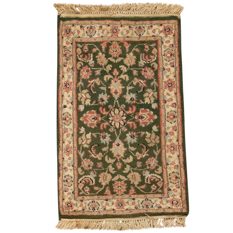 Hand Knotted Wool Area Rug in Green And Ivory