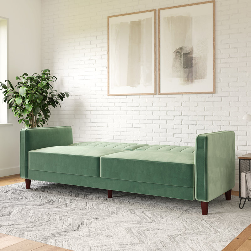 Perdue 81.5" Velvet Square Arm Convertible Sofa, Light Green Velvet