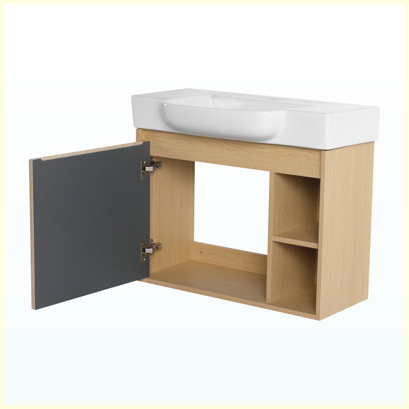 Meuble-lavabo mural 28 po avec lavabo en céramique blanche et porte à fermeture en douceur, emballage KD, Chêne