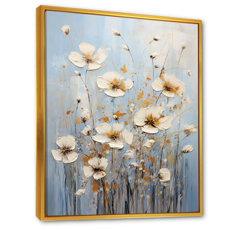 «Beige Wildflowers Floral Elegance I», reproduction sur toile, Cadre flottant doré, H 32 po x l 24 po x P 1 po