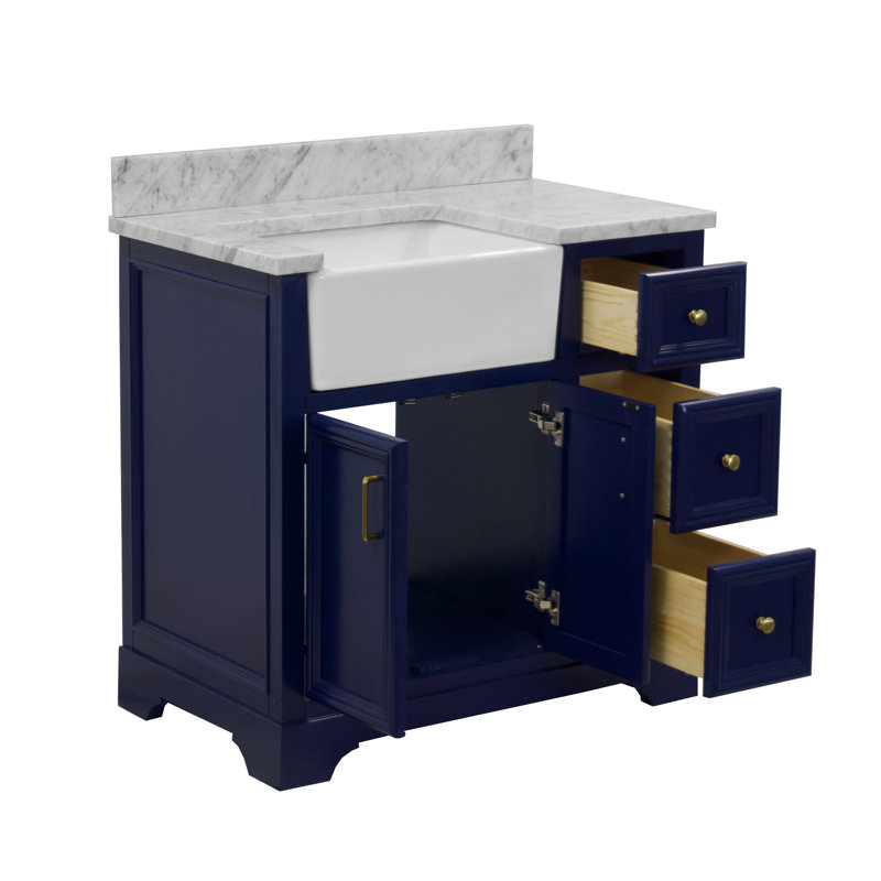 Emiliano 36'' Single Bathroom Vanity with Top, Carrara Marble, Royal Blue