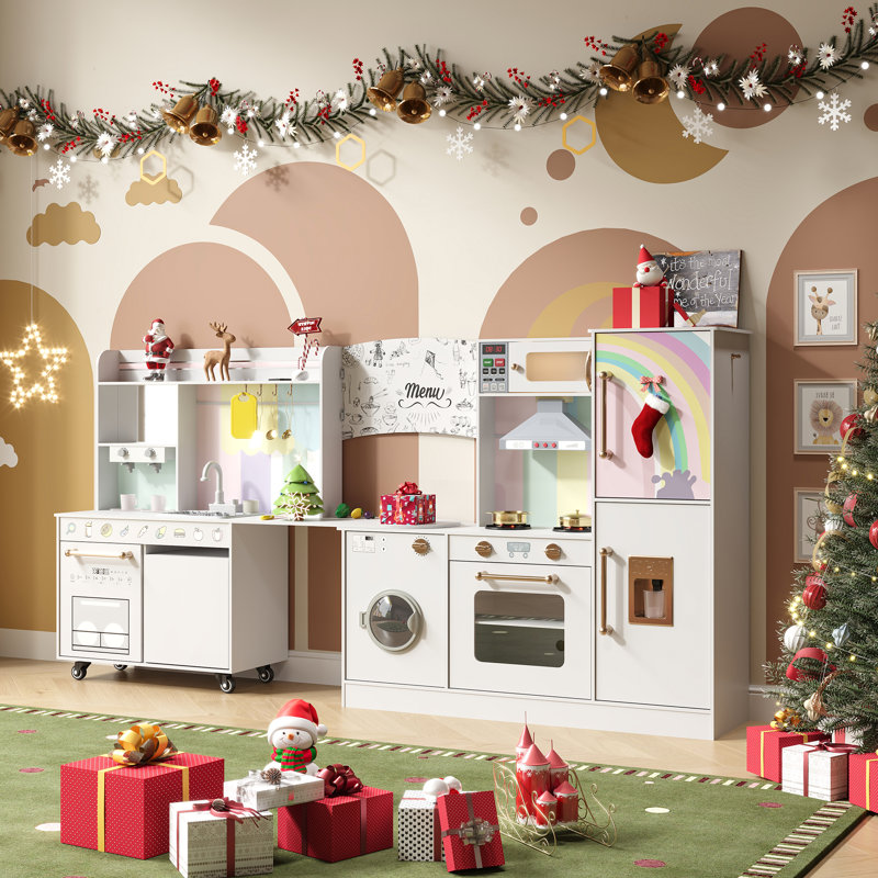 Grands ensembles de cuisine de coin en bois avec lumières et sons réalistes, machine à glaçons, évier, cuisinière, ensemble de cuisine de jeu de rôle créatif pour les enfants de 3 ans et plus (brun et blanc)