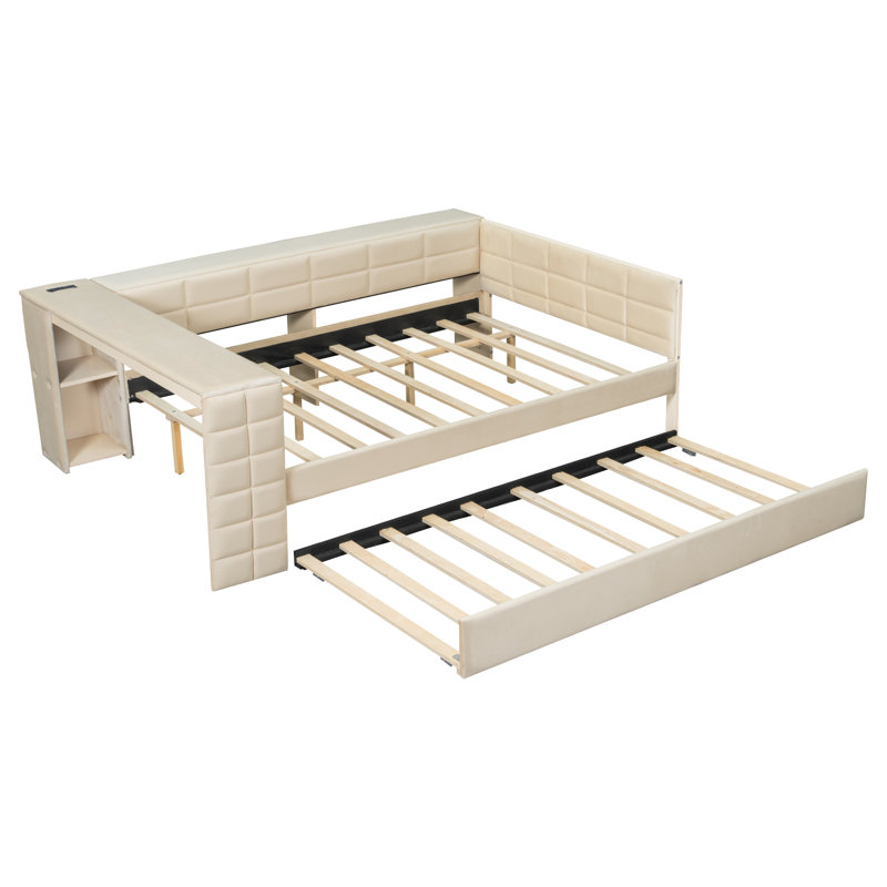 Full Size Upholstered Platform Bed With Storage Shelves, Desk, Charging Station And Trundle, Beige