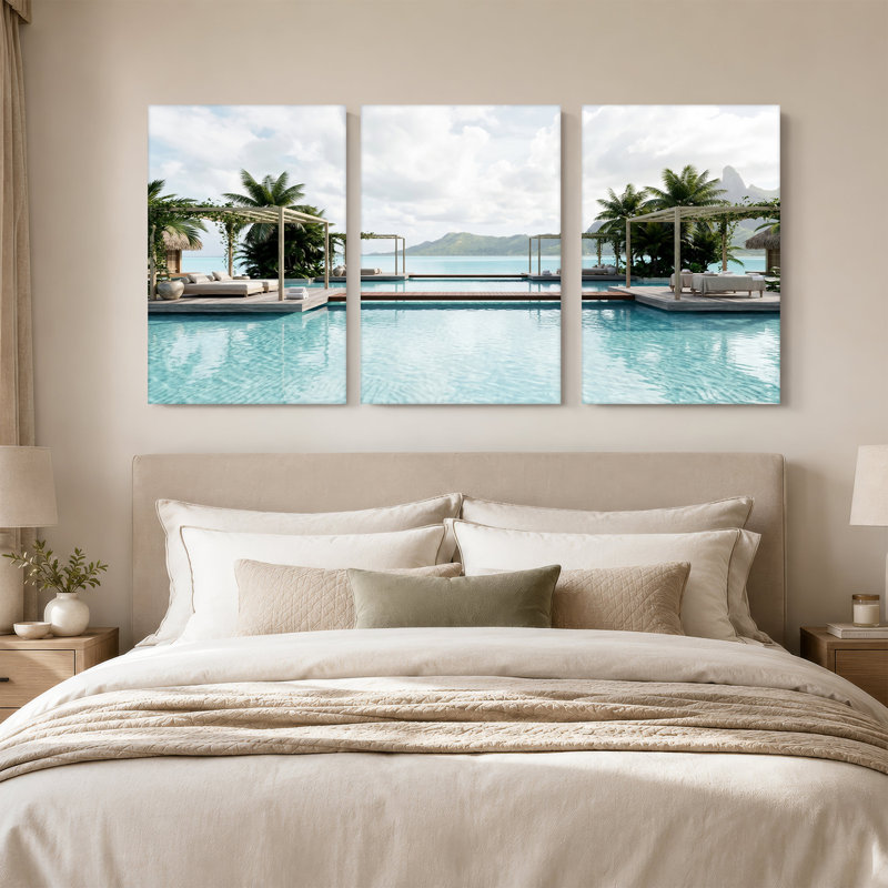 Ensemble de 3 toiles tropicales au bord de la piscine avec palmiers et vue sur l'océan, 30"H x 20"W x 3pcs