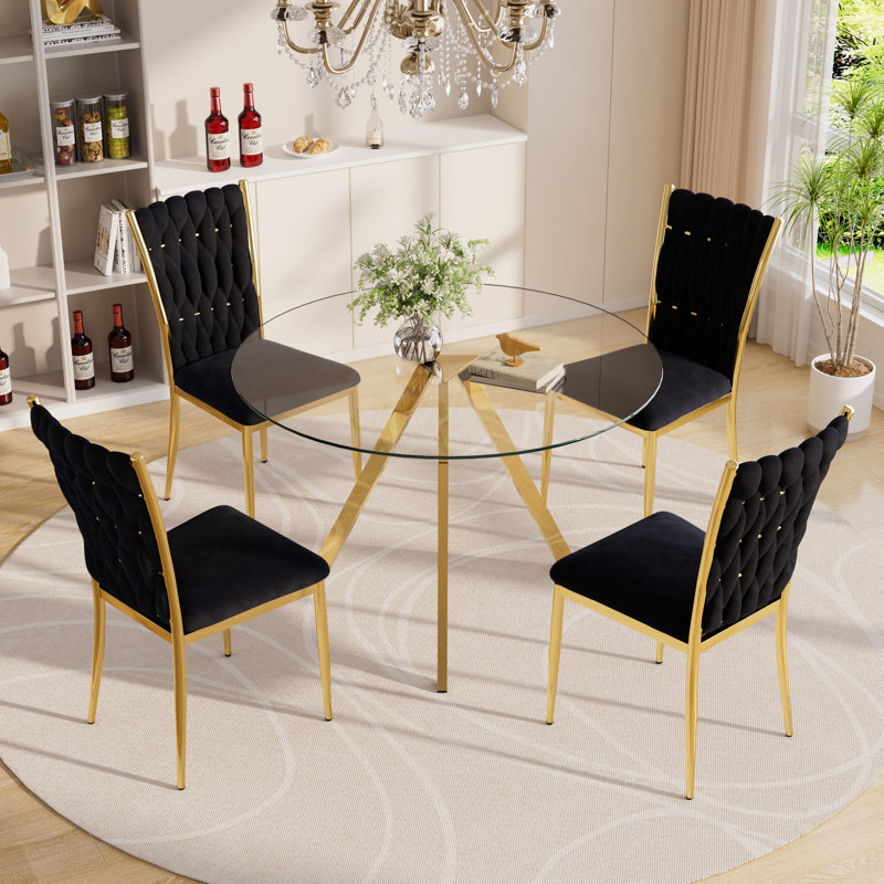 Glass Round Dining Table Set with Velvet Upholstered Dining Chairs, 5, Black/Gold, Gold