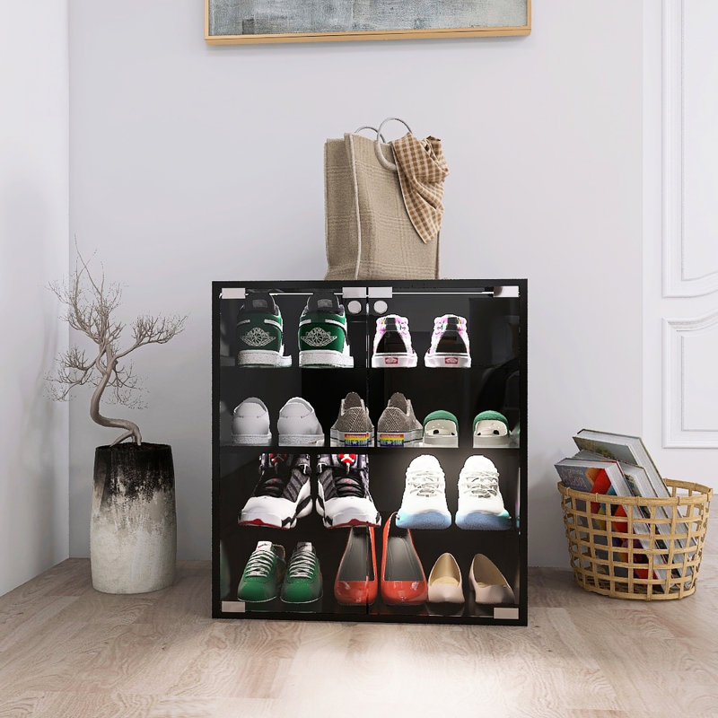 Présentoir à chaussures moderne moderne à 4 couches avec porte vitrée, porte et contrôle Profondeur, espace