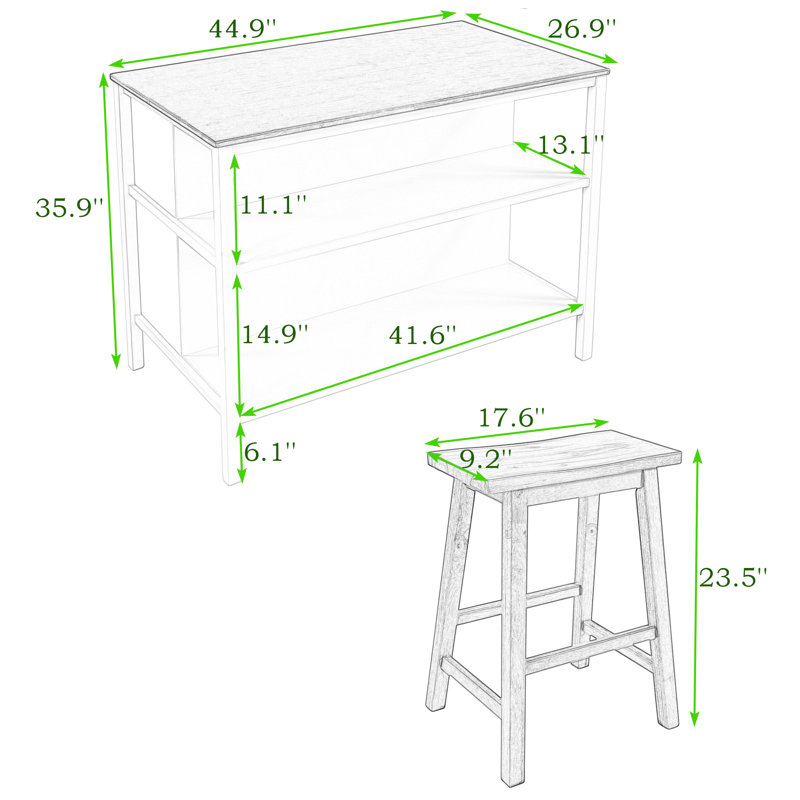 3-Piece Stationary Kitchen Island Set with 2 Stools, Rubber Wood Top Dining Table Set with 2 Shelves, Cream White