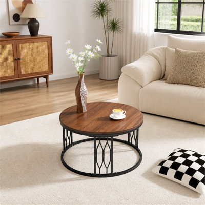 Table basse ronde en bois aggloméré de 27,5 po de diamètre avec panneau en bois aggloméré rustique et pieds en métal robustes, facile à assembler