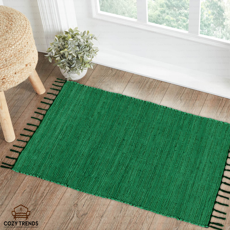 Handwoven Cotton Washable Reversible Rag Rug 2' X 3' With Tassels, Green