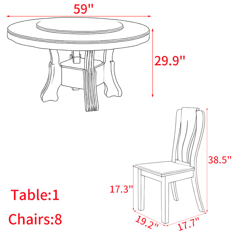 Ensemble de table de salle à manger 9 pièces, H 29,9 po x L 59 po x l 59 po