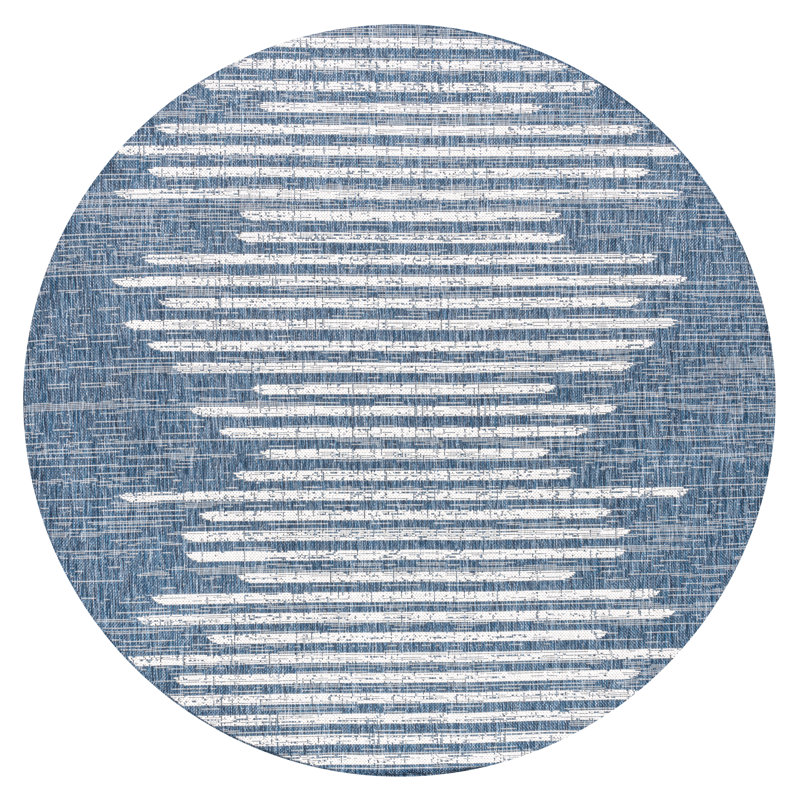 Tapis d'intérieur / extérieur bleu / ivoire à rayures berbères Grundy, Rond 3 pi 11 po