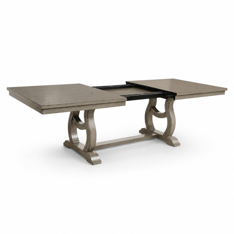 Chadwick 76"–96" Trestle Extendable Dining Table — Self-Storing Leaf · Seats 8 · Gray Cashmere Finish