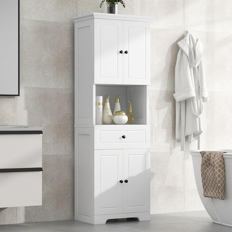 Rectangular Storage Cabinet with Doors, Open Bookcase, Freestanding Organizer Display for Kitchen, Office, Adjustable Shelves, White
