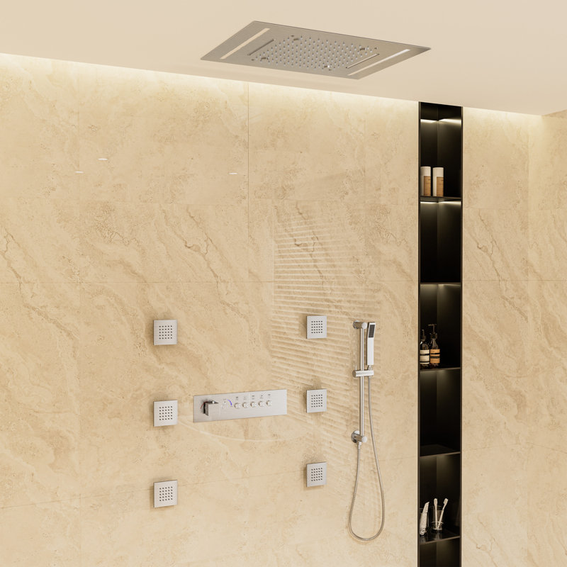 Thermostatic Flush Ceiling Mounted Complete Shower System With LED Lights, Body Jets And Slide Bar, Brushed Nickel