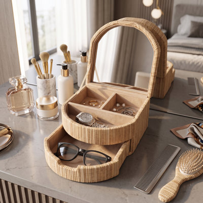 Boîte à bijoux ronde et fonctionnelle en raphia tressé de Mendong avec miroir, idéale pour ranger vos bijoux dans la chambre. Organisateur de bijoux compact et moderne pour coiffeuse. 20 cm, beige.