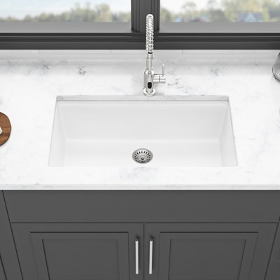 White 30X19" Quartz Workstation Kitchen Sink, Thick & Smooth Surface, Reduces Dirt, Package With Strainers Installation Clips White, 30X19", Quartz, Workstation, Undermount, Smooth, Non - Porous,