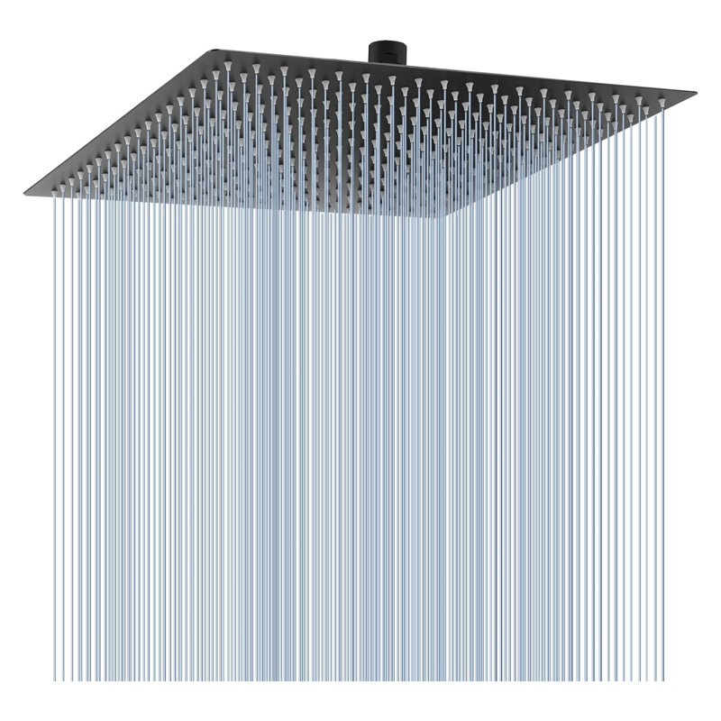 Pommeau de douche carrée de 40 cm (16 po), acier inoxydable noir mat, jet pluie haute pression, fixation murale ou plafond universelle