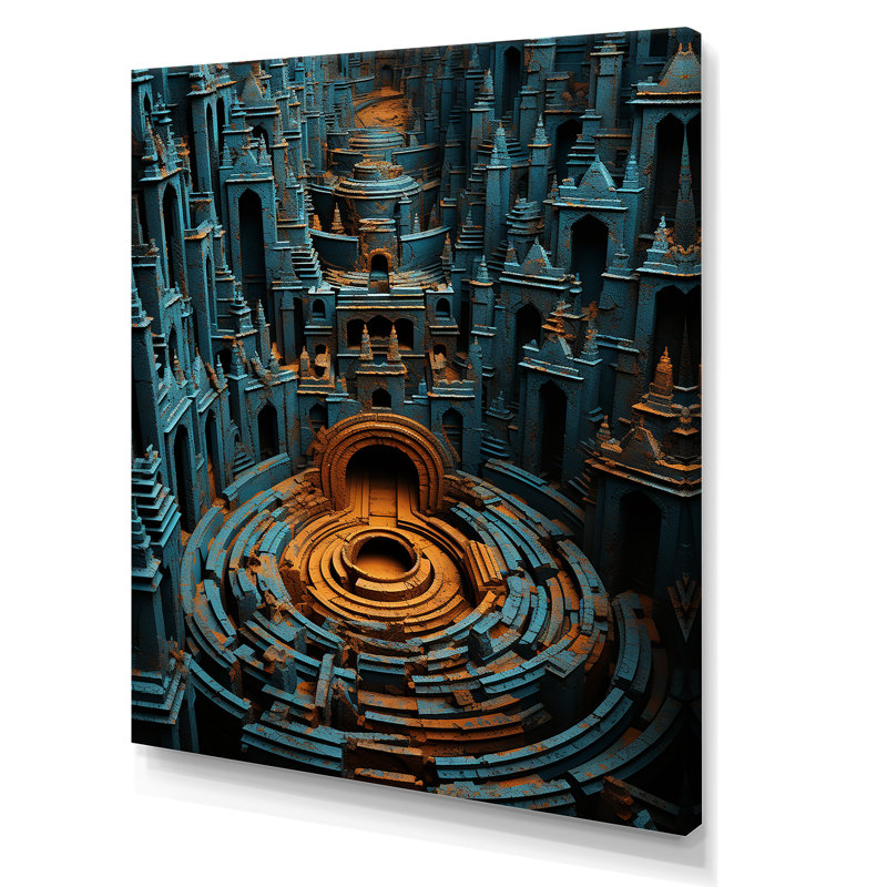 Ancienne pierre Maya gris et jaune labyrinthe II - labyrinthe d'art mural, Toile tendue, H 32 po x l 24 po