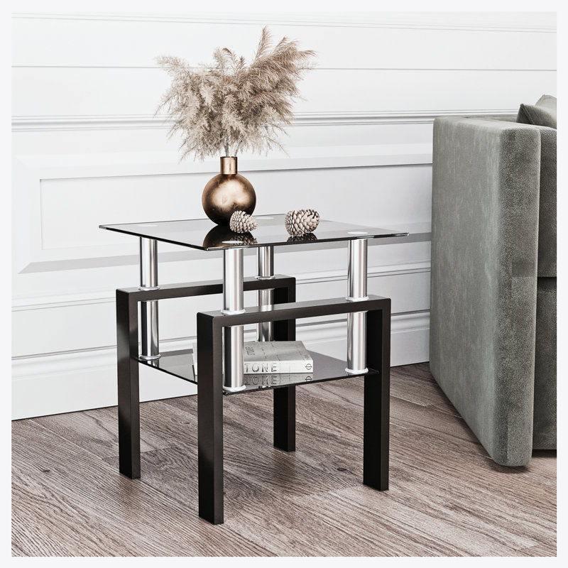 Modern Tempered Glass Tea Table Coffee Table End Table, Square Table, Black, Black, 1