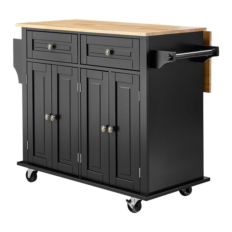 Chariot pour îlot de cuisine, chariots mobiles à plateau en bois de 43 po avec armoire de rangement, table roulante avec abattant, support à épices, barre à serviettes, tablette réglable, tiroir et crochets, îlots sur roulettes portables, noir