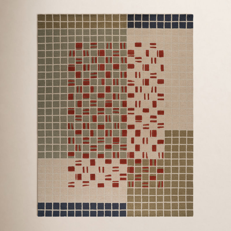 Tapis gris / rouge / beige en laine / coton touffeté à la main Elswick, Rectangle 9 pi x 12 pi