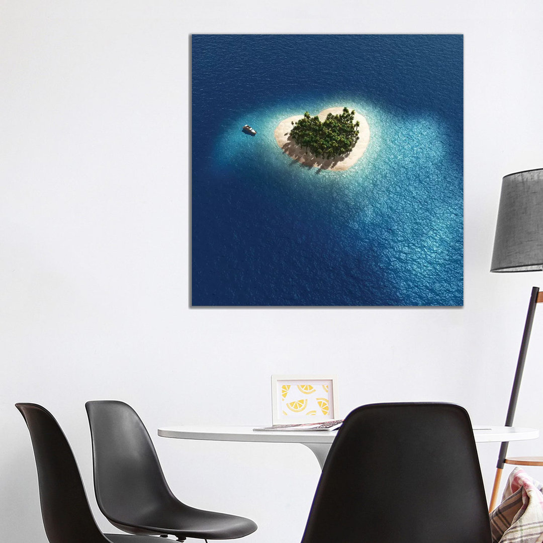 Aerial View Of Heart Shape Tropical Island by Mike Kiev - Wrapped Canvas Print