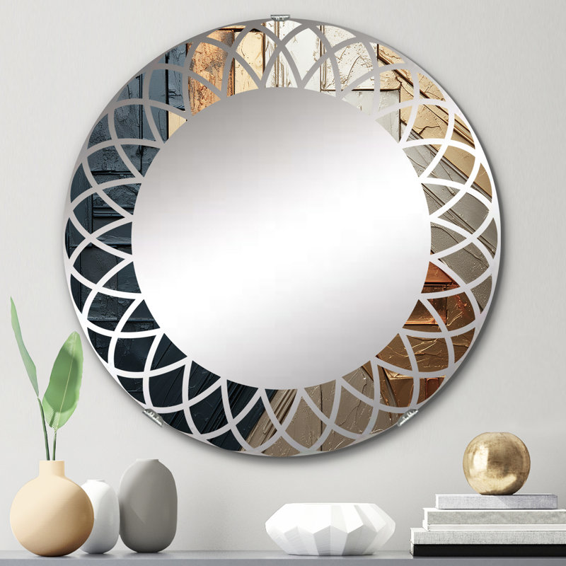 Or gris brillant géométrie II - miroir mural moderne rond, 24 po x 24 po