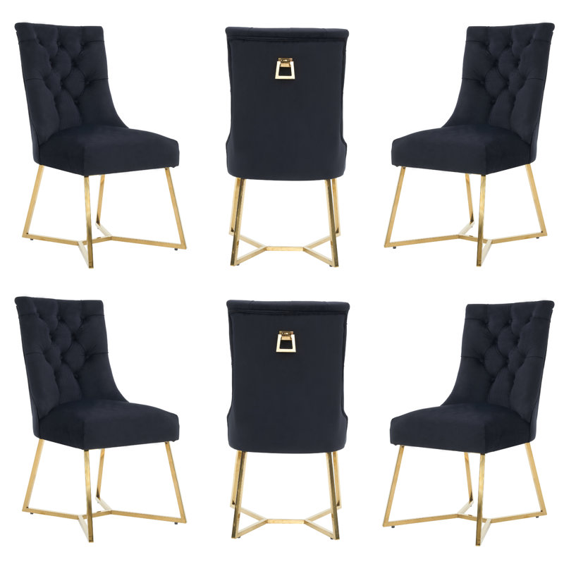 Ambra Modern Velvet Dining Chair With Gold Legs, Ring Handle & Tufted Back, Black