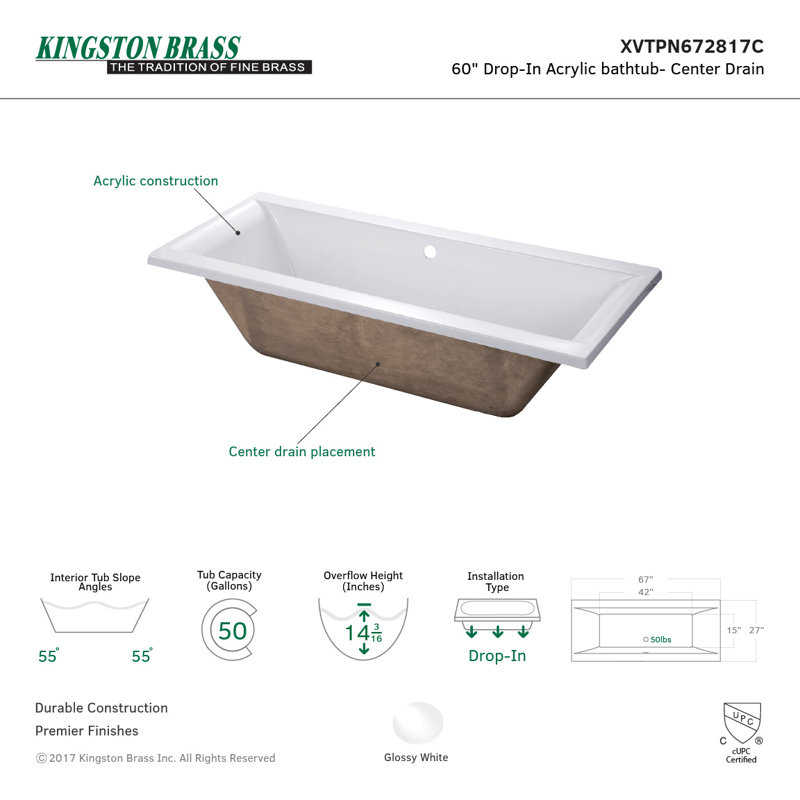 Baignoire encastrée rectangulaire en acrylique 67 pouces avec drain Kingston Eden Aqua Brass, Centre
