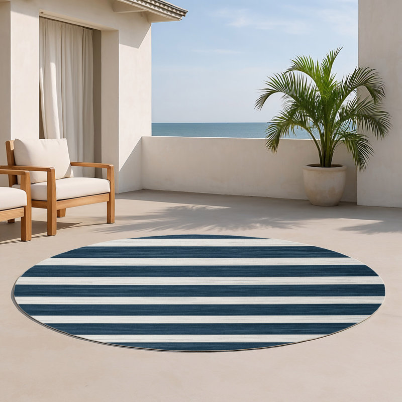 Tapis intérieur / extérieur gris HorizontalStripes, Rond 5 pi