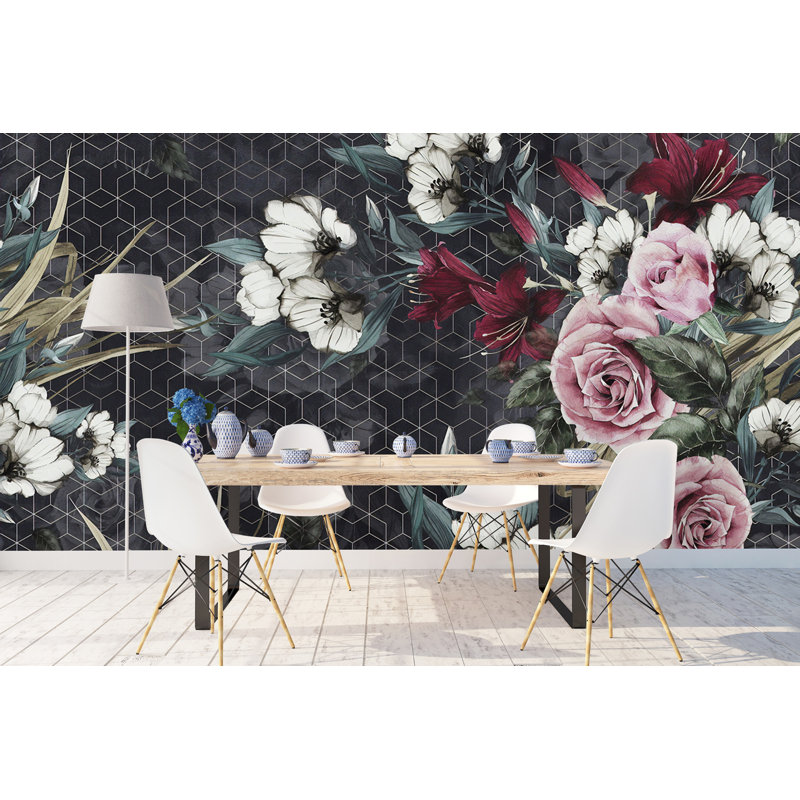 Murale fleur rose à motif géométrique foncé, L 75 po x l 112 po