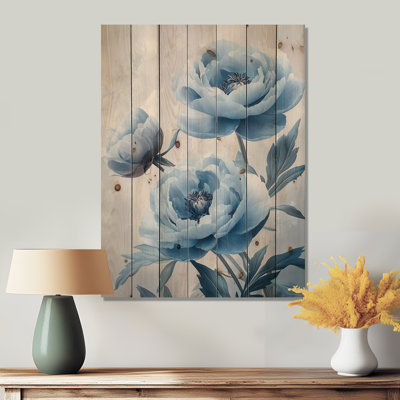 Blue Velvet Peonies Blooms III - Peonies Wood Wall Decor - On Natural Pine Wood