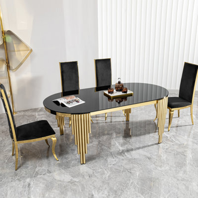 Table en verre trempé noir H 68,26 po x H 28,84 po avec base en acier inoxydable doré pour cadre de salle à manger 68,26 po