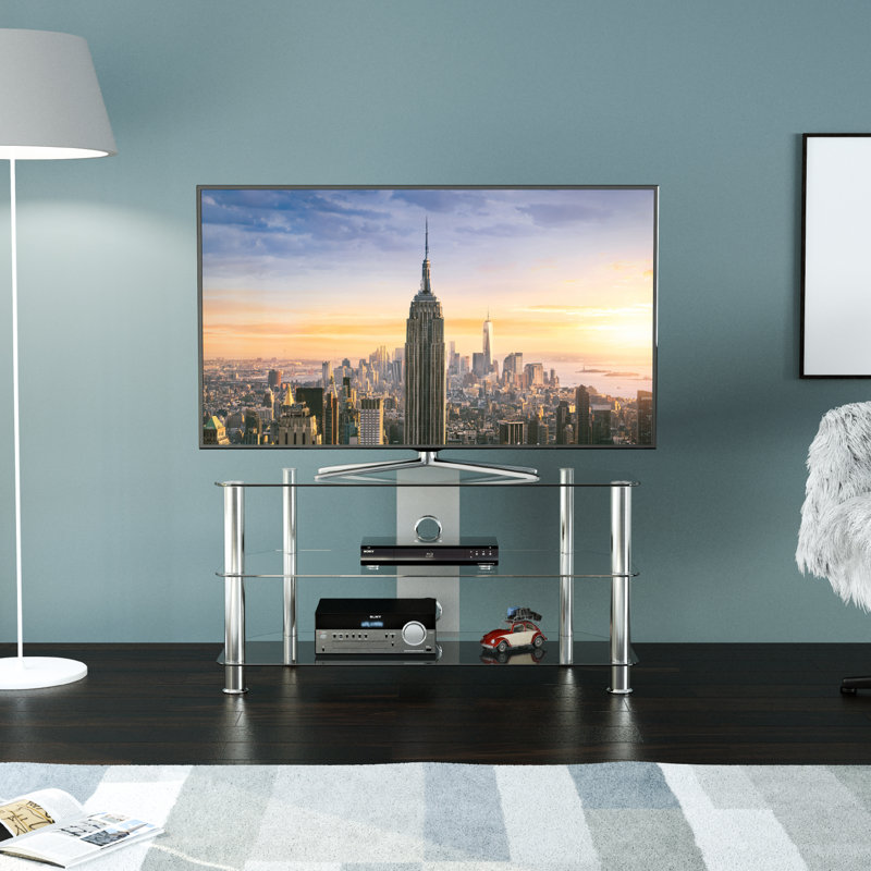Byrge Unfinished TV Stand for TVs up to 50", Chrome/Clear Glass
