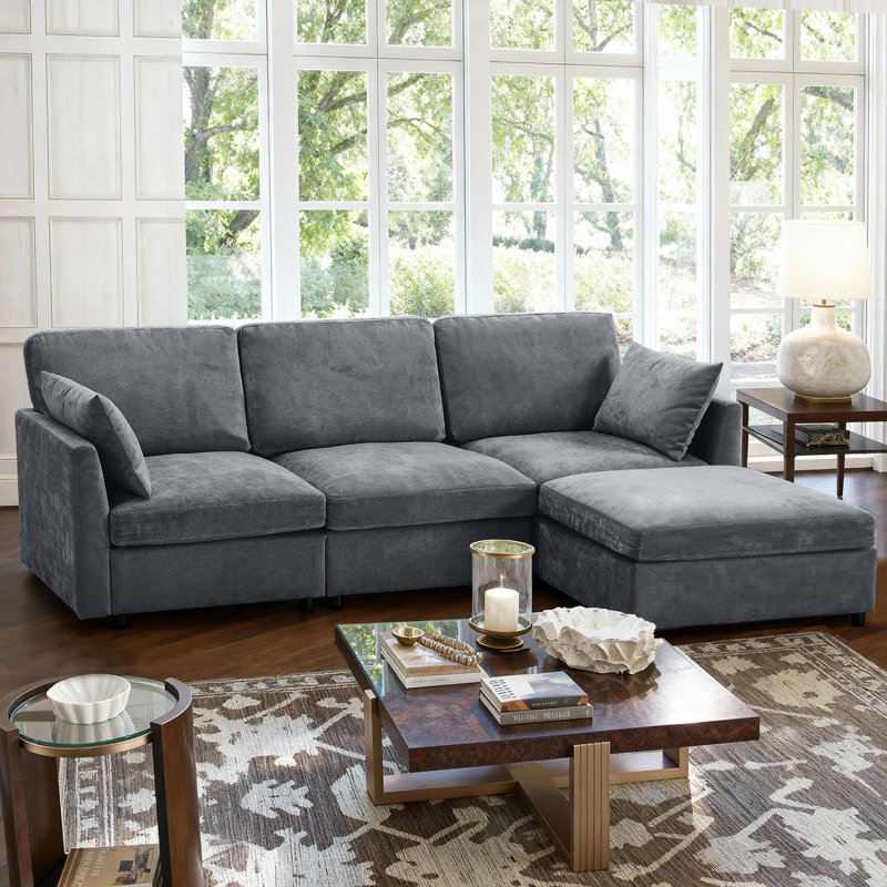 4-Piece Modular Cloud Couch Reversible Sectional with Ottoman, Gray Chenille
