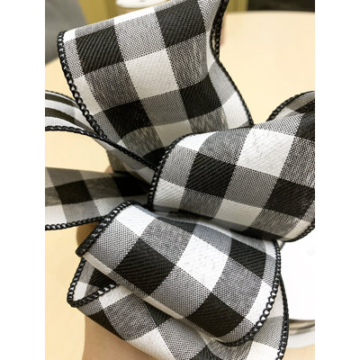 4"X50Yds Wired Black And White Plaid Ribbon